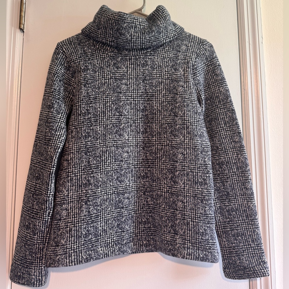 J. Crew Blue and White Plaid Fleece Turtleneck Sweater